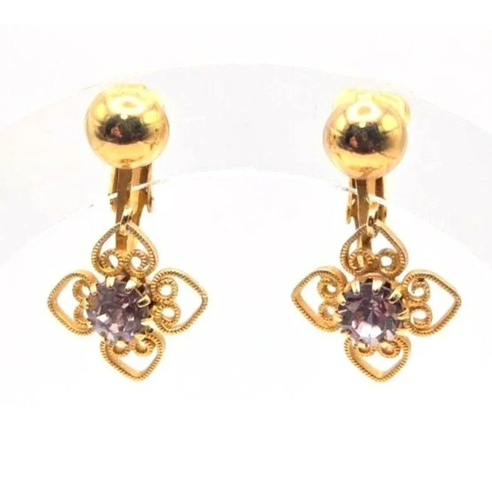 Vintage Goldtone‎ Flower with Pale Purple Rhinestone Dangle Clip On Earrings